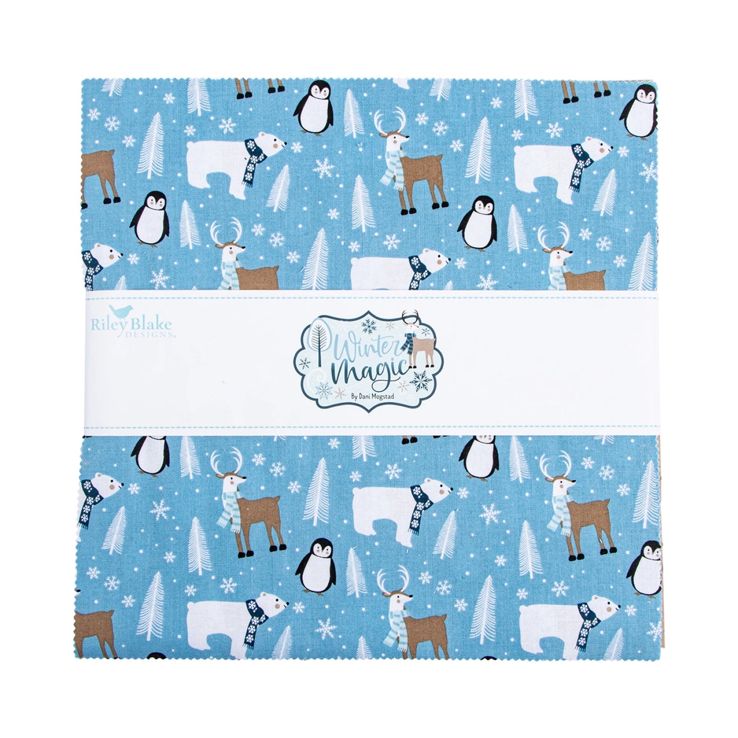 Riley Blake Winter Magic 10 inch stacker with 42 winter quilting squares showing blue and teal trees, Scandinavian knit prints, and polar bears, reindeer, and penguins in scarves