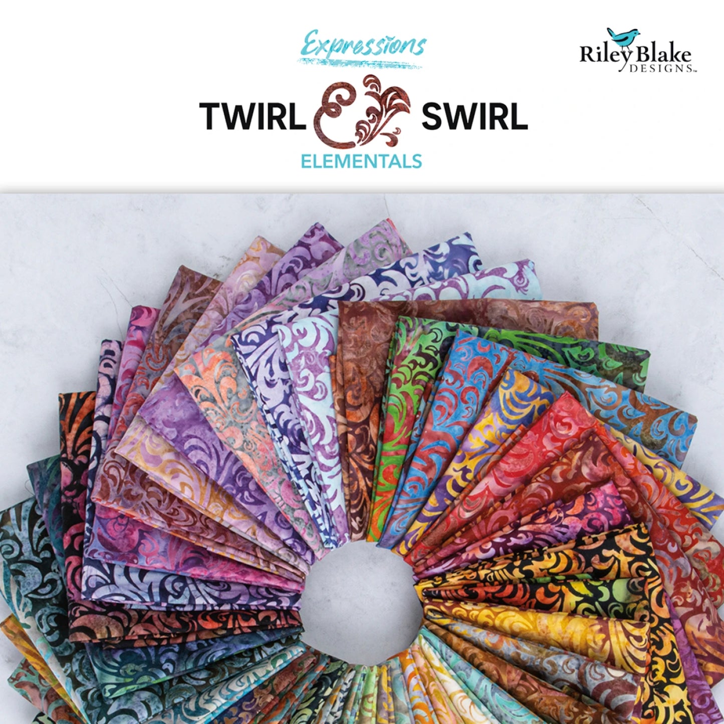 Riley Blake Batiks Elementals Twirl & Swirl layer cake with 42 multicolor 10 inch batik quilting squares in swirling purple, blue, orange, and green designs