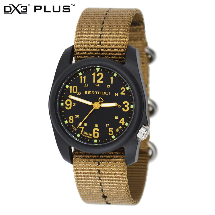 BERTUCCI 11041 DX3 Field Resin Dash-Striped Drab Khaki Nylon Strap Black Dial Watch