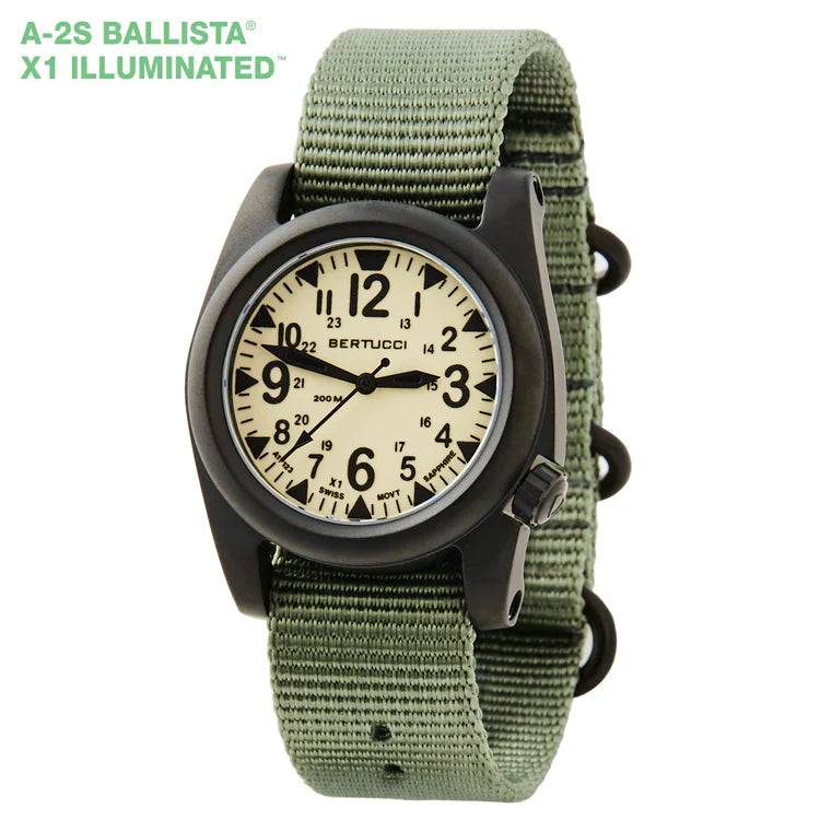 BERTUCCI A-2S Ballista X1 Illuminated Field Watch matte PVD black stainless steel case with X1 Swiss Super Luminous dial and Active Comfort nylon band