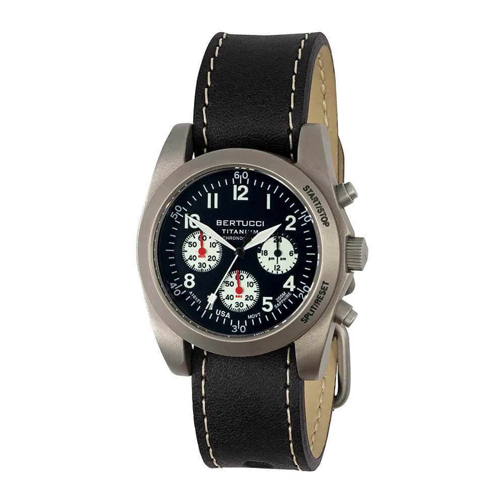 BERTUCCI Mens A-11T Americana Black Dial Matte Horween Analine Latigo Leather Band Chronograph Watch
