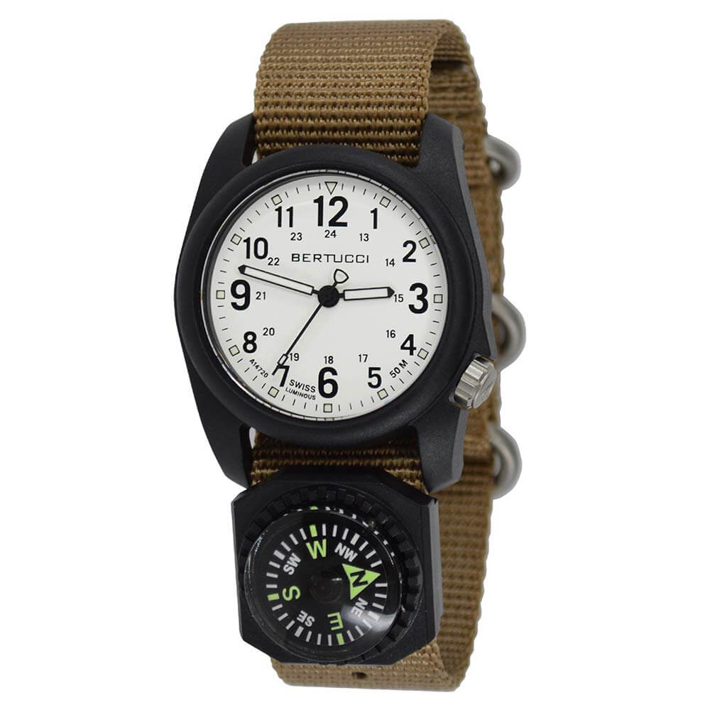 BERTUCCI Men's White Dial Black Case Coyote Nylon Band Quartz Watch | Durable & Stylish