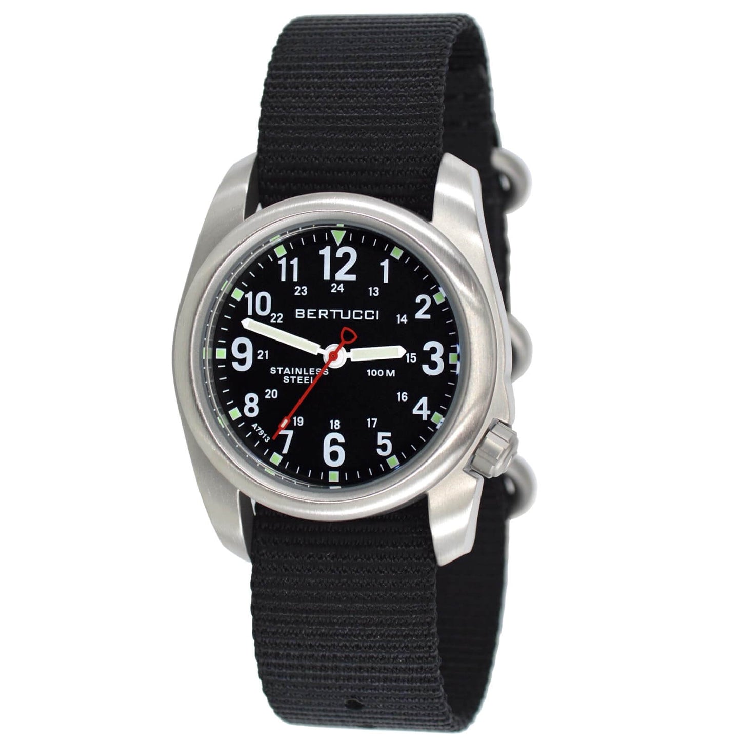BERTUCCI® Stainless Steel Field Watch - A-2S Field™ Black Dial - Black Nylon Band 11050