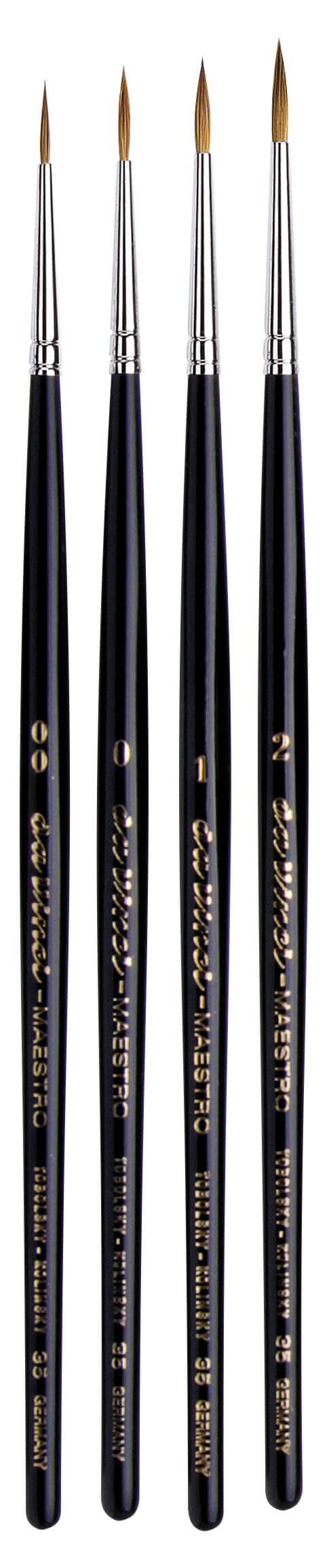 da Vinci Brushes Watercolor Set 5538a2 - Maestro Kolinsky Red Sable 4 Brush Set - Long Tapered Rounds - Series 35 Sizes 2/0, 0, 1 & 2, 1 count, Black - da Vinci art supplies product photo