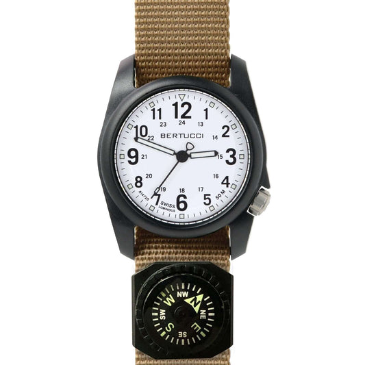 BERTUCCI Men's White Dial Black Case Coyote Nylon Band Quartz Watch | Durable & Stylish