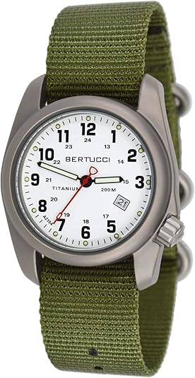 Bertucci A-2T Original Classic 40mm titanium field watch with white dial and Forest Nylon band