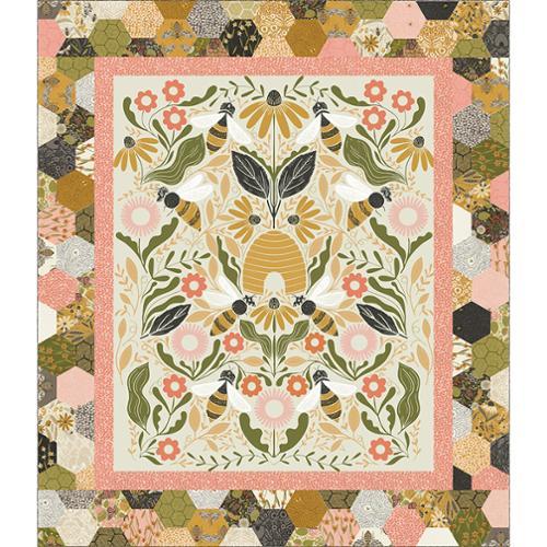 Gingiber Bee Garden Quilt Kit by Moda Fabrics KIT48410 boxed panel quilt kit with bees, butterflies, and flowers, finished size 50 x 58 inches