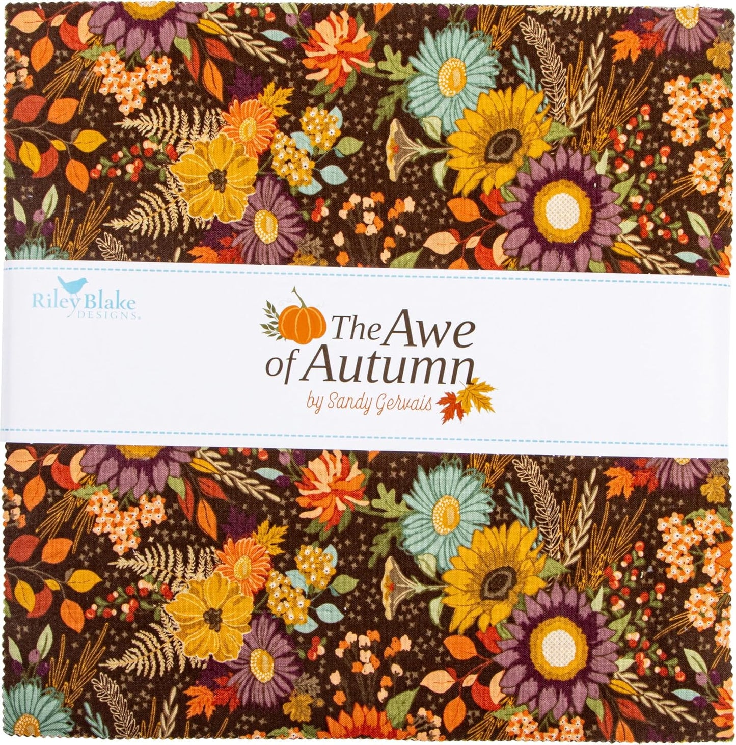 Riley Blake Sandy Gervais The Awe of Autumn 10 inch stacker with 42 fall quilting squares in earthy orange, brown, latte, purple, and leaf and pumpkin prints