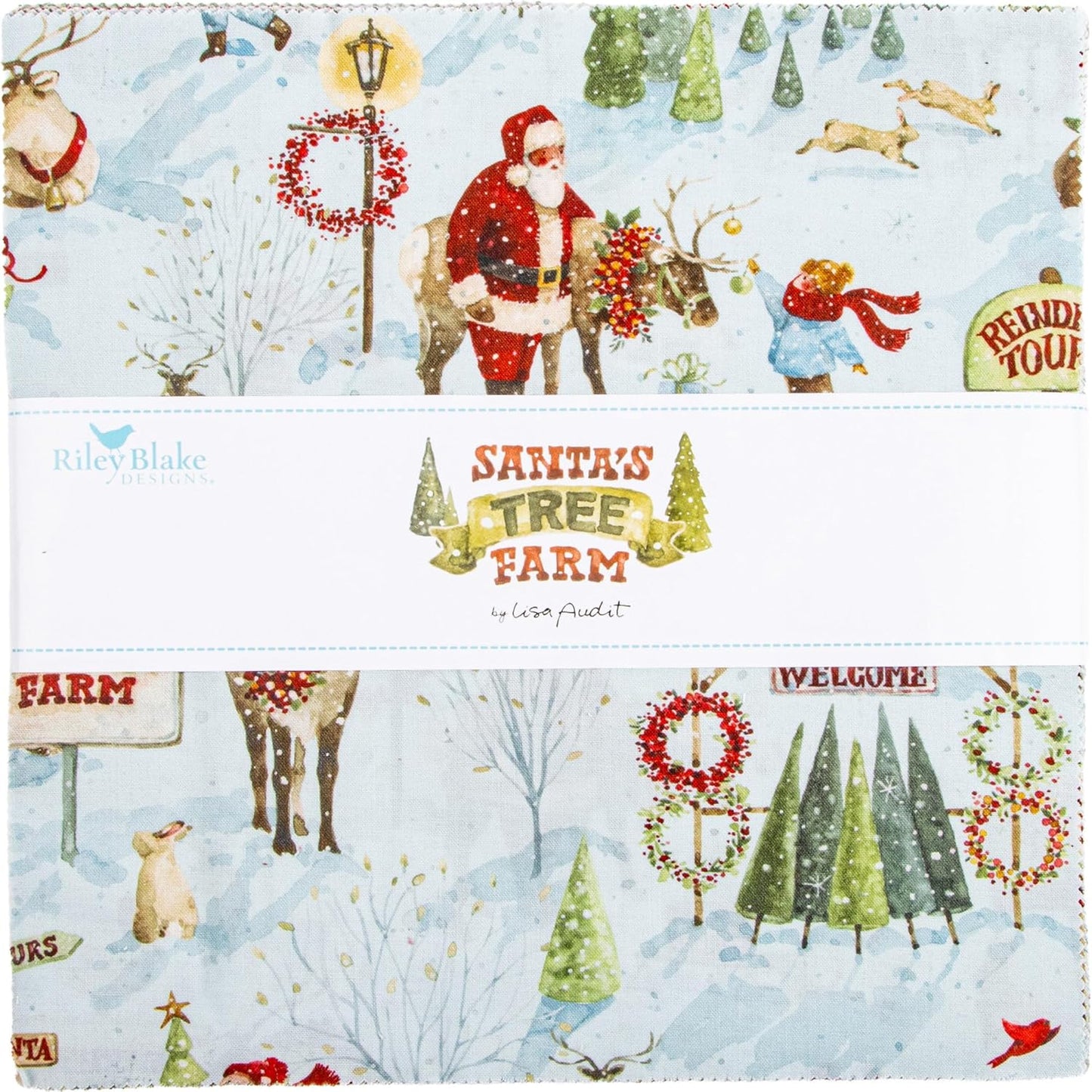 Riley Blake Lisa Audit Santa's Tree Farm 10 inch stacker with 42 Christmas quilting squares featuring snowy scenes, plaids, berries, and woodland creatures