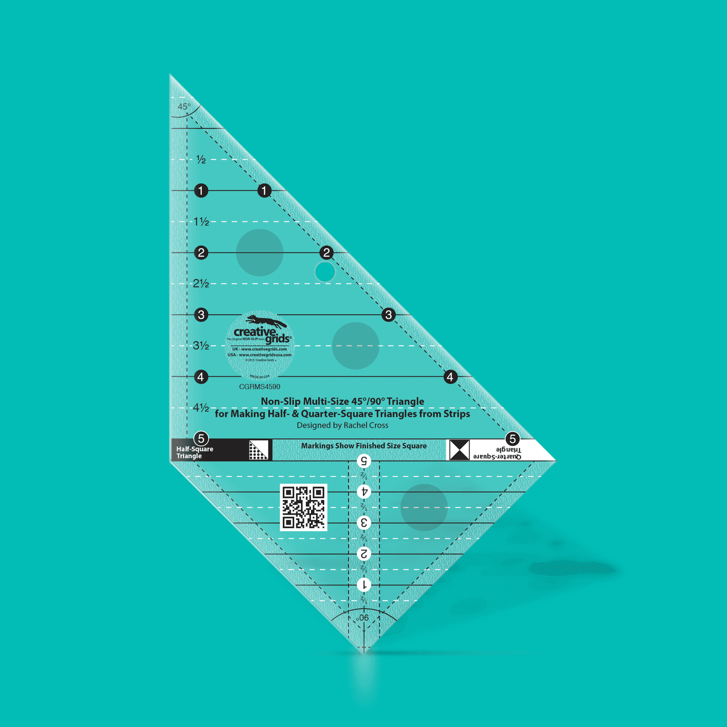Creative Grids Multi Size Triangle 45 and 90 Degrees quilt ruler CGRMS4590 with non-slip grip and black and white triangle markings