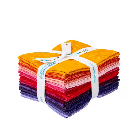 Maywood Studio Batiks Hand-Dyes Sunset Sorbet fat quarter bundle with 16 hand-dyed cotton pieces in warm coral, peach, and golden tones for quilting