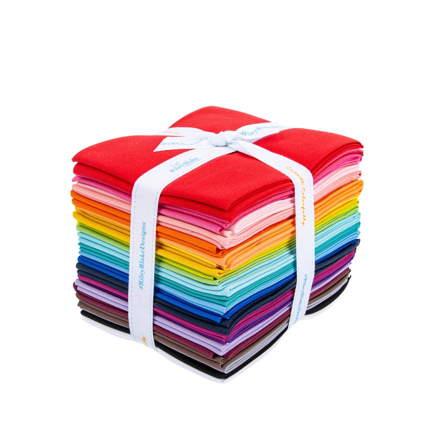 Riley Blake Confetti Cotton Riley Rainbow Fat Quarter Bundle with 24 precut solid cotton pieces in a full spectrum of rainbow colors for quilting and patchwork.