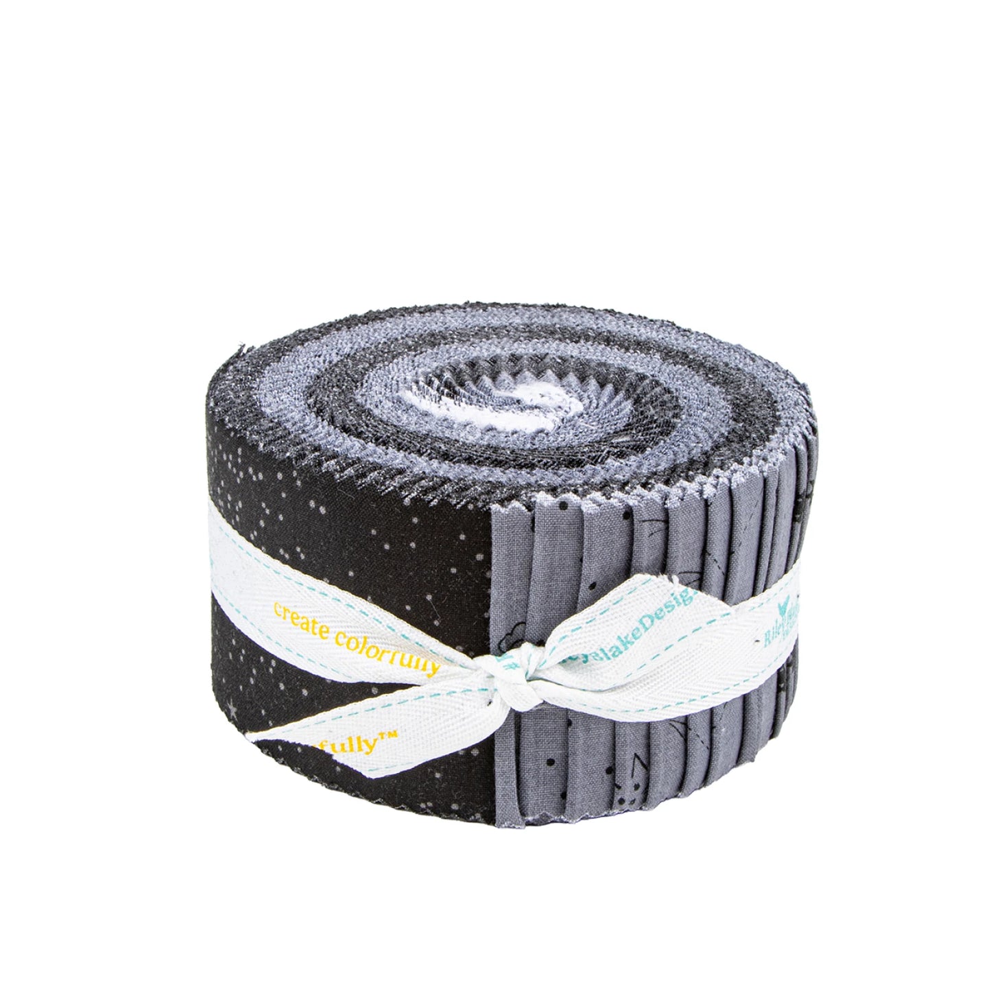Riley Blake Blackout Rolie Polie jelly roll with 40 black, white, and gray 2.5 inch geometric quilting strips rolled into a bundle