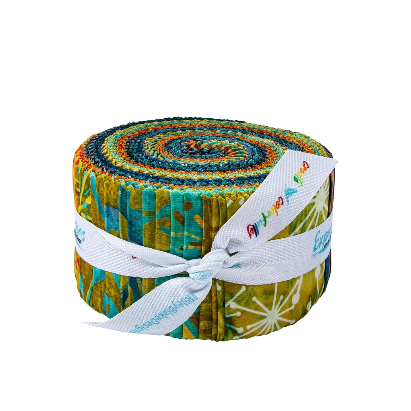 Riley Blake Batiks Retro Revival bundle with 40 multicolor 2.5 inch batik quilting strips by Tammy Silvers, rolled together in a fabric roll