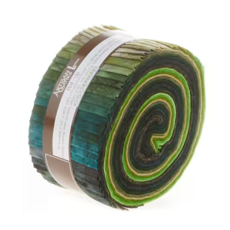 Bundle of Prisma Dyes Rainforest 2.5 inch quilting cotton strips in greens, teals, and blues, 40 pieces per roll