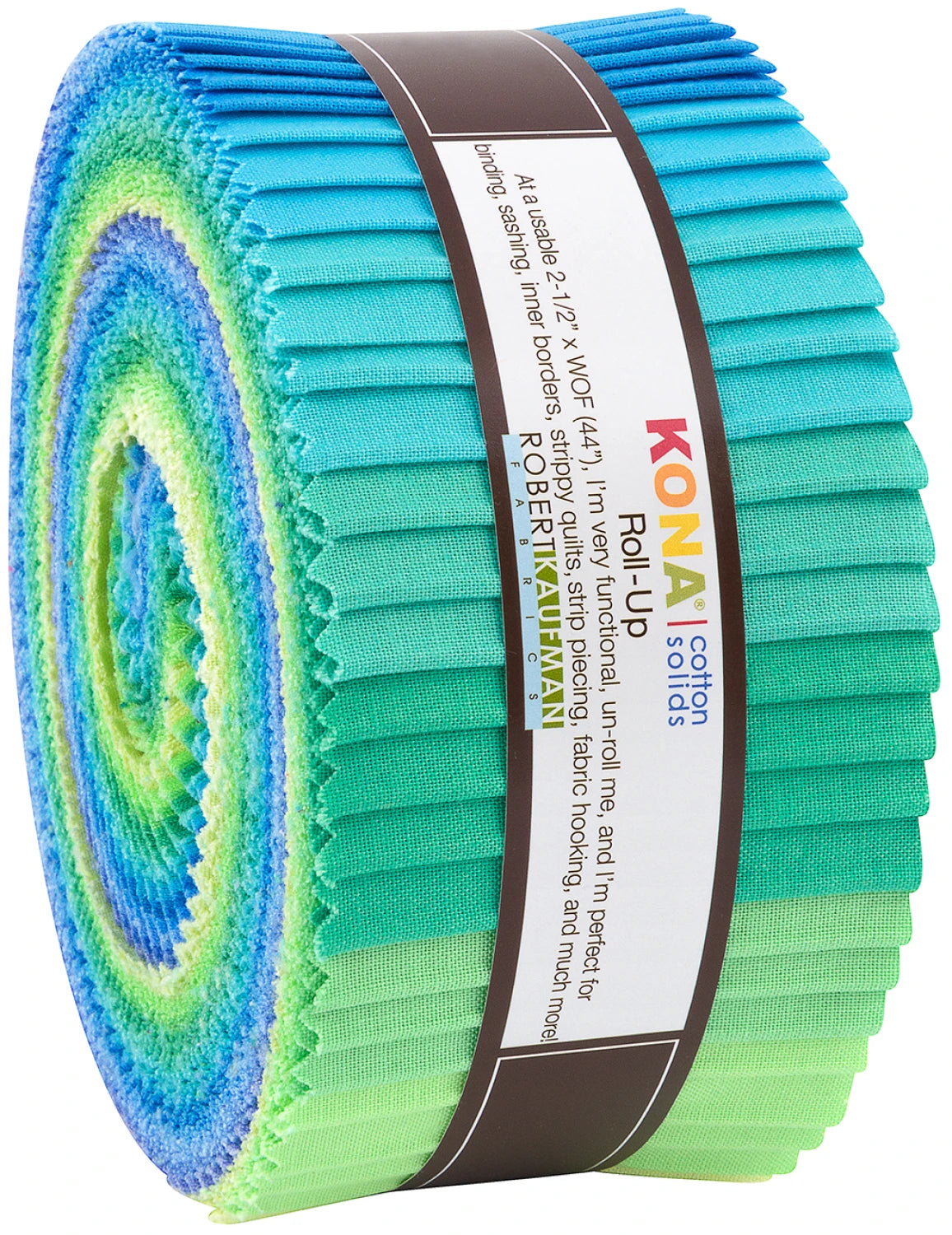 Kona Cotton Mermaid Shores Palette jelly roll strips bundle showing ocean-inspired solid colors in a coordinated roll for quilting and sewing projects.