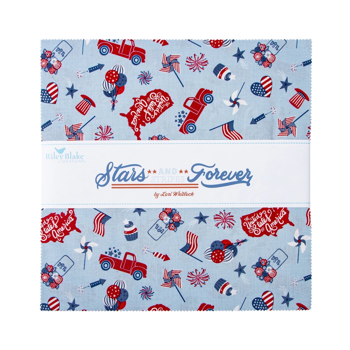Riley Blake Stars and Stripes Forever 10 inch stacker with 42 patriotic red white and blue quilting squares featuring stars, flags, plaids, and Americana prints

