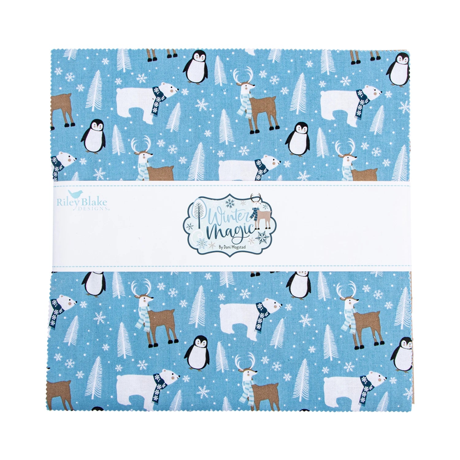 Riley Blake Winter Magic 10 inch stacker with 42 winter quilting squares showing blue and teal trees, Scandinavian knit prints, and polar bears, reindeer, and penguins in scarves
