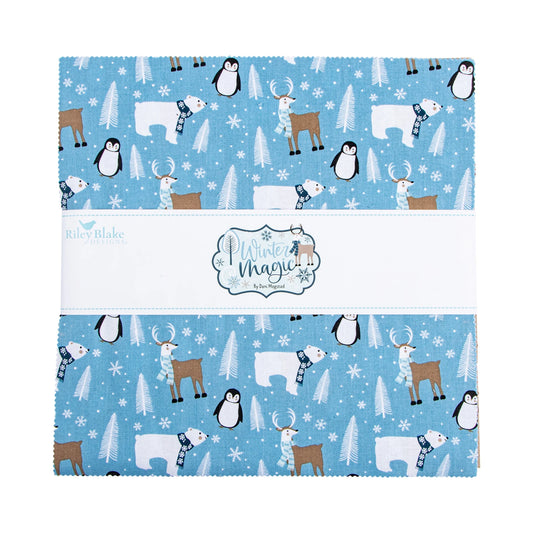 Riley Blake Winter Magic 10 inch stacker with 42 winter quilting squares showing blue and teal trees, Scandinavian knit prints, and polar bears, reindeer, and penguins in scarves
