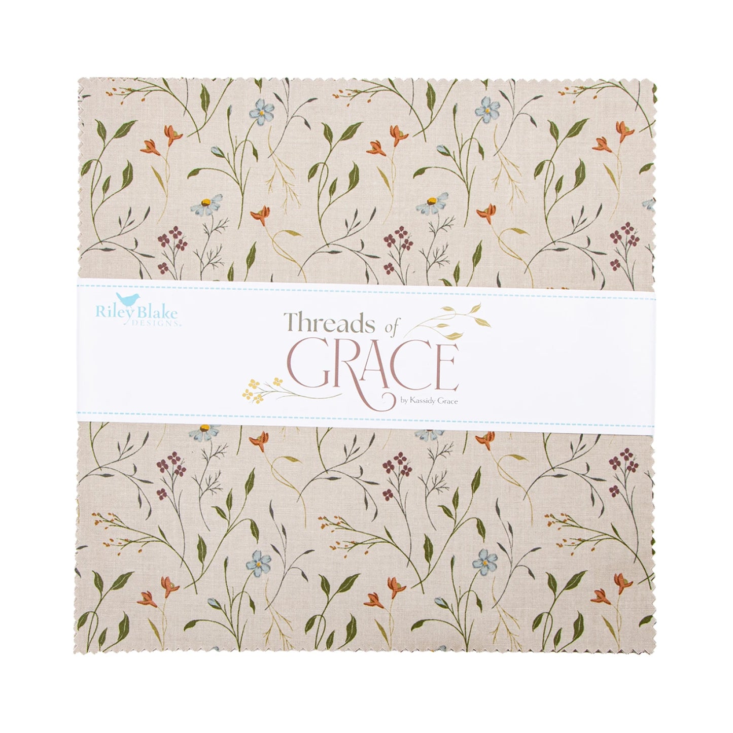 Riley Blake Threads of Grace 10 inch stacker with 42 floral quilting squares featuring flowers in vases, birds, and patchwork motifs on soft neutral backgrounds
