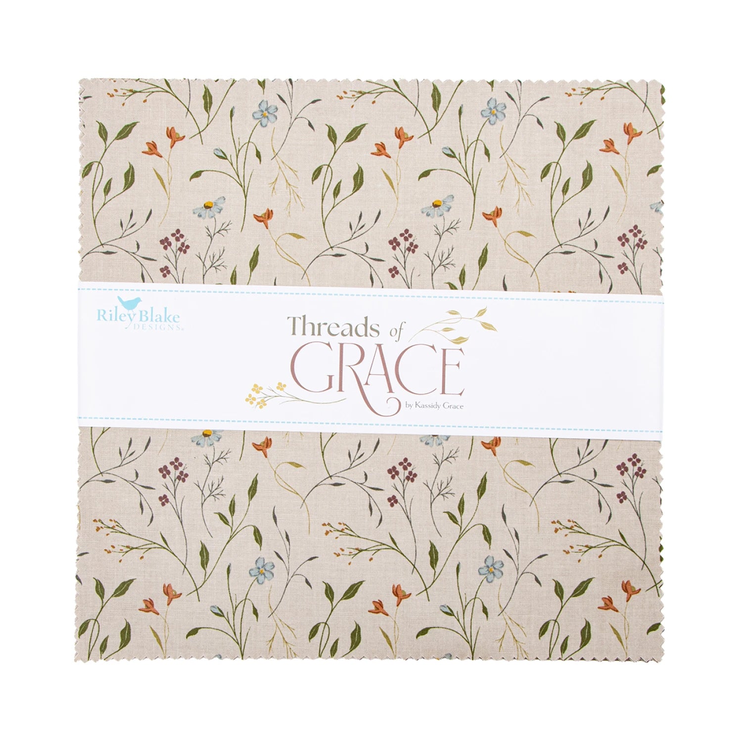Riley Blake Threads of Grace 10 inch stacker with 42 floral quilting squares featuring flowers in vases, birds, and patchwork motifs on soft neutral backgrounds
