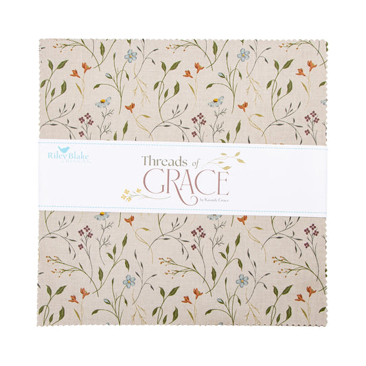 Riley Blake Threads of Grace 10 inch stacker with 42 floral quilting squares featuring flowers in vases, birds, and patchwork motifs on soft neutral backgrounds
