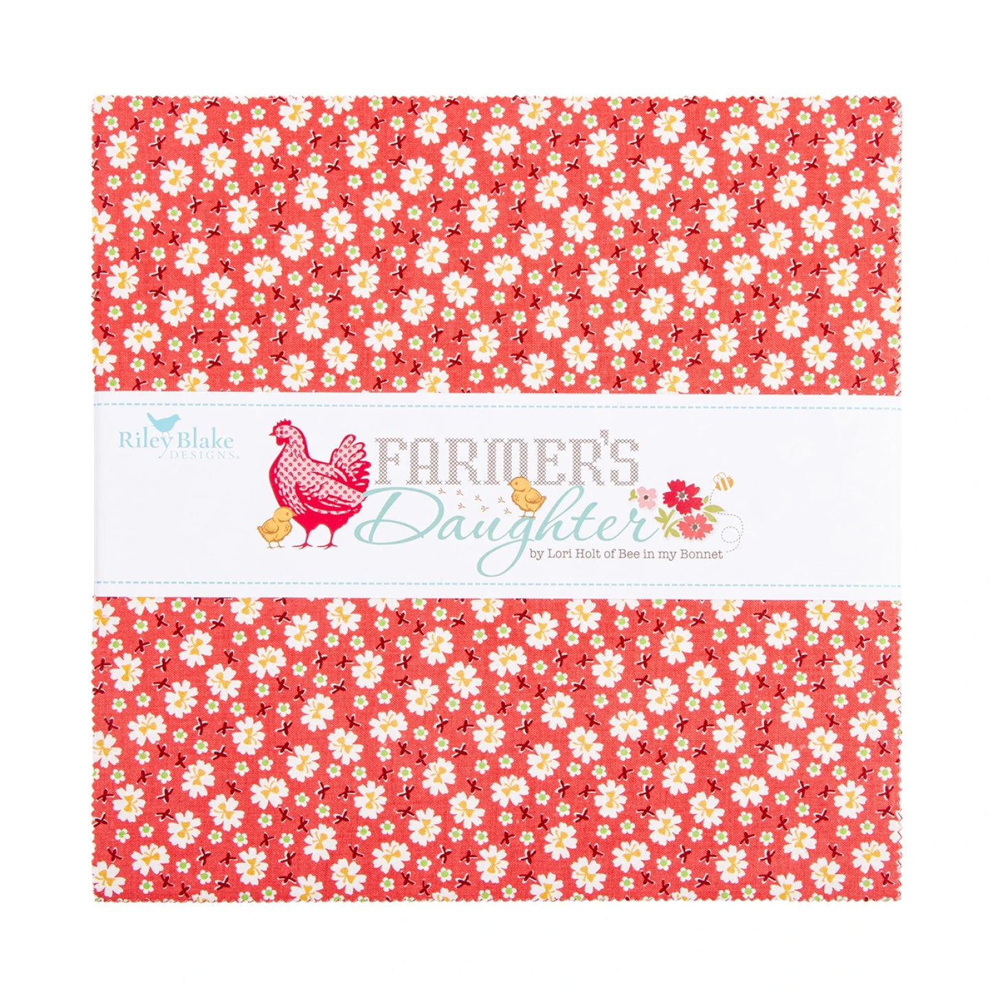 Riley Blake Lori Holt Farmer's Daughter 10 inch stacker with 42 farmhouse quilting squares showing tractors, roosters, florals, and plaids in a colorful country palette
