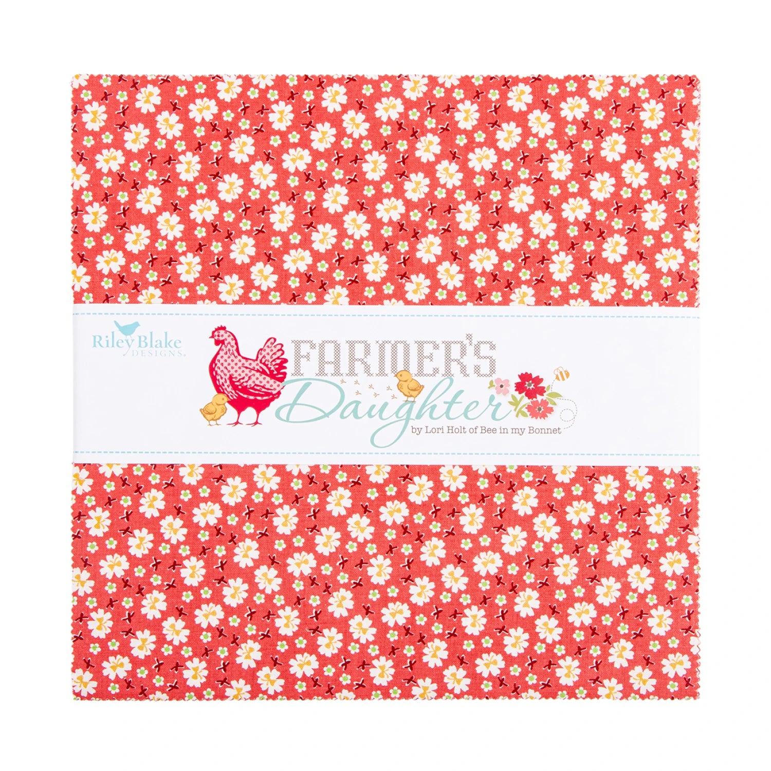 Riley Blake Lori Holt Farmer's Daughter 10 inch stacker with 42 farmhouse quilting squares showing tractors, roosters, florals, and plaids in a colorful country palette
