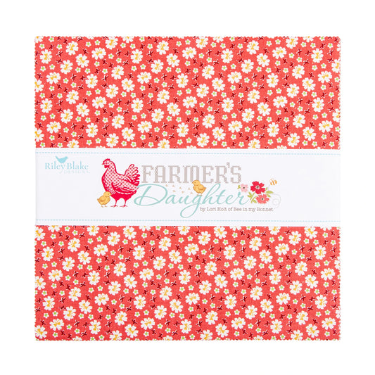 Riley Blake Lori Holt Farmer's Daughter 10 inch stacker with 42 farmhouse quilting squares showing tractors, roosters, florals, and plaids in a colorful country palette
