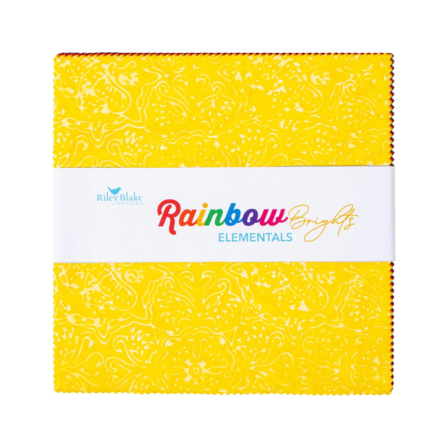 Riley Blake Expressions Batiks Rainbow Brights Elementals layer cake with 42 multicolor 10 inch batik quilting squares stacked together
