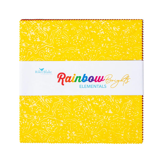 Riley Blake Expressions Batiks Rainbow Brights Elementals layer cake with 42 multicolor 10 inch batik quilting squares stacked together

