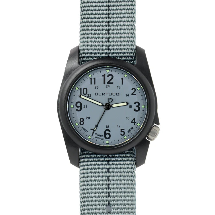 Bertucci DX3 Plus field watch 40mm vintage drab nylon strap black dial