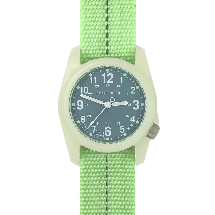 Bertucci DX3 Glow Field Watch 40mm – White Dial, Vintage Drab Nylon Strap
