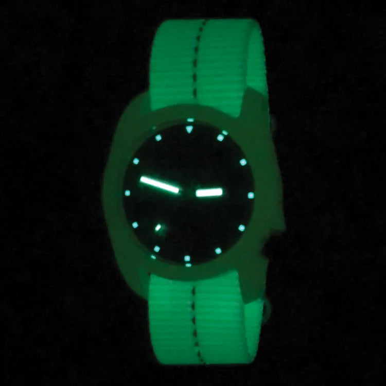 Bertucci DX3 Glow Field Watch 40mm – White Dial, Vintage Drab Nylon Strap
