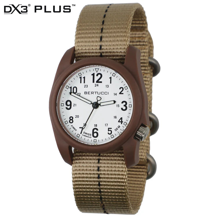 Bertucci DX3 Plus field watch 40mm white dial defender khaki dash line nylon band