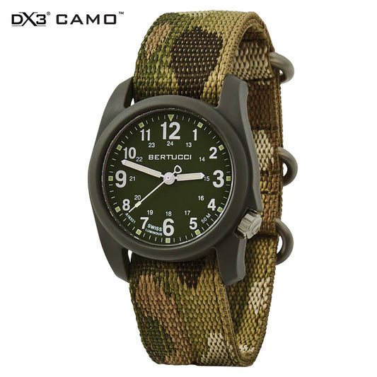 Bertucci DX3 camo field watch 40mm olive dial multicam camo webbing band military outdoor watch