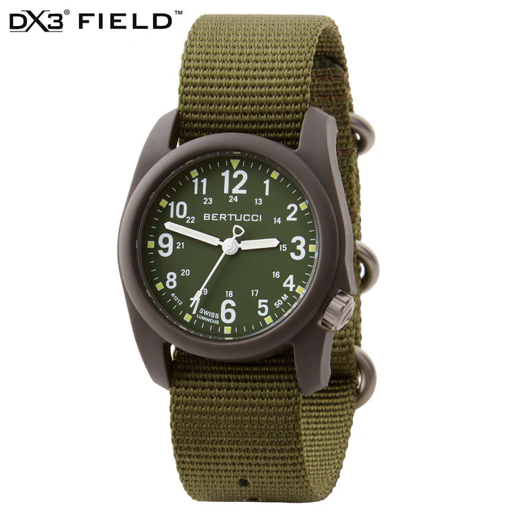 BERTUCCI DX3 Field Watch| Olive Dial and Forest Nylon Band | Matte Finish | 4 Year Battery Life | 50 M Water Resistance
