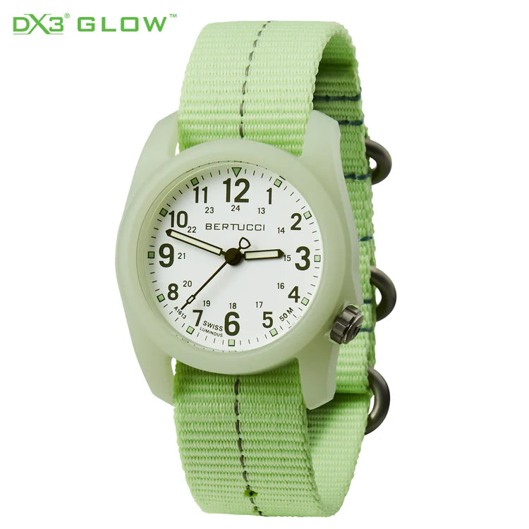 Bertucci DX3 Glow field watch 40mm green dial luminous glow case vintage drab nylon dash line band