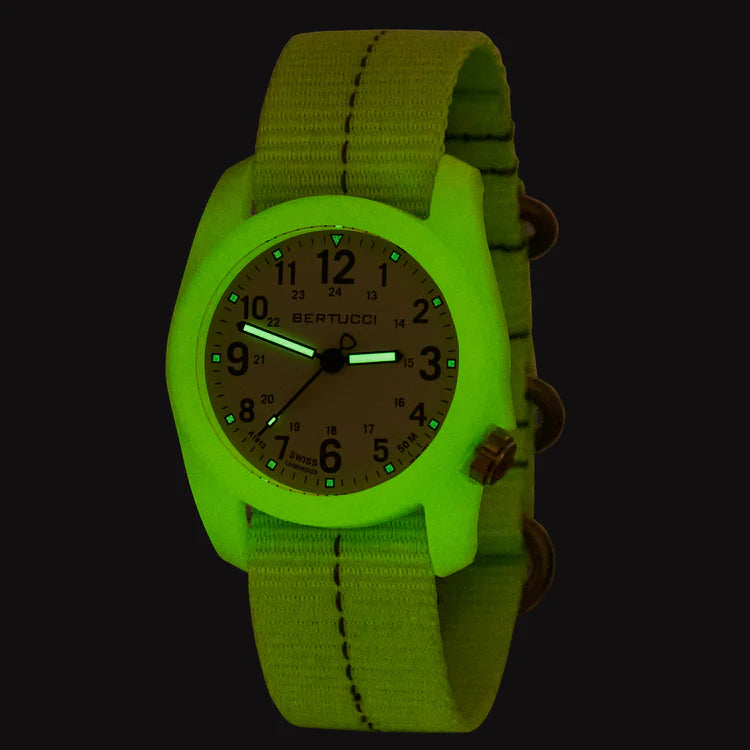 Bertucci DX3 Glow field watch 40mm green dial luminous glow case vintage drab nylon dash line band