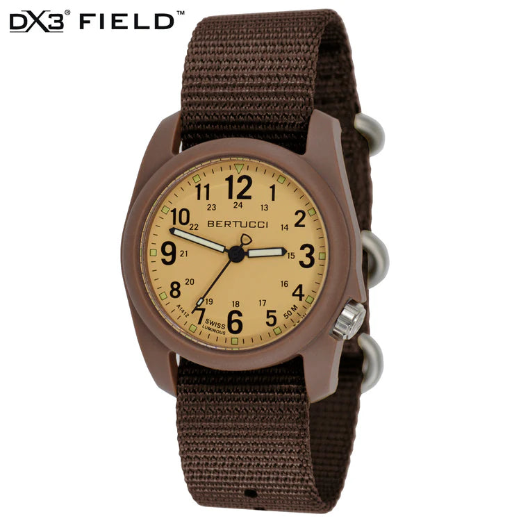 Bertucci DX3 field watch 40mm patrol khaki dial field brown nylon band military outdoor watch