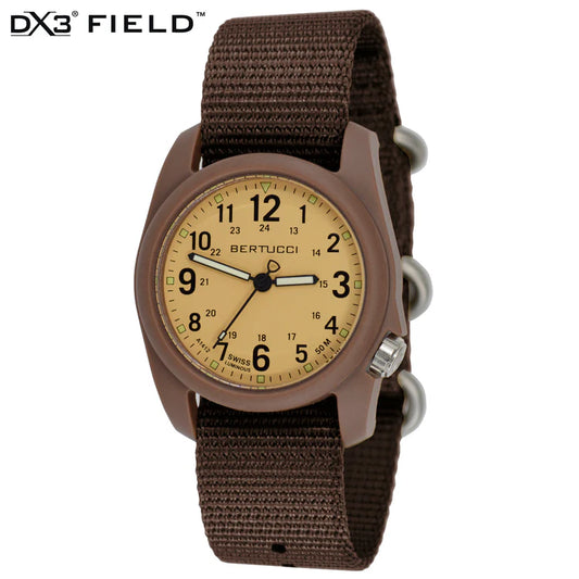 Bertucci DX3 field watch 40mm patrol khaki dial field brown nylon band military outdoor watch