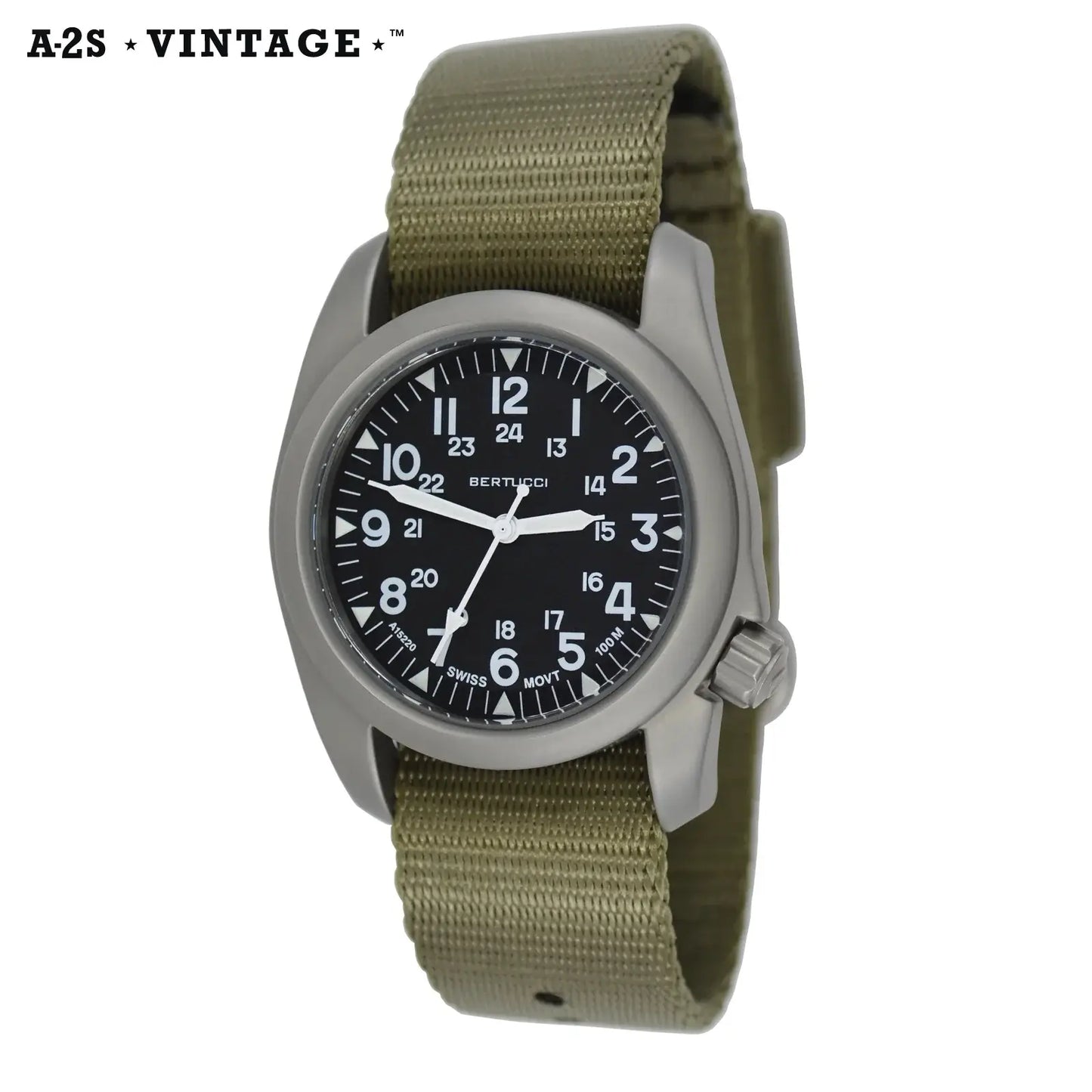 Bertucci A-2s Vintage 11501 black dial field drab comfort-webb nylon band