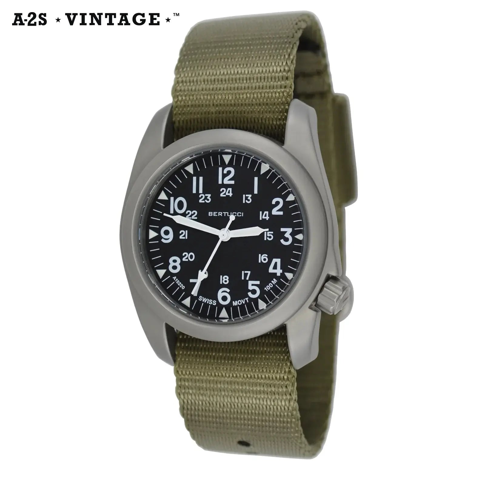 Bertucci A-2s Vintage 11501 black dial field drab comfort-webb nylon band