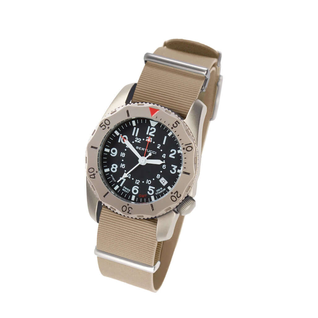 Bertucci 40mm Titanium Field Watch A-2TR Field Pro™ 12132 black dial Bertucci Khaki™ Italian Rubber NATO band