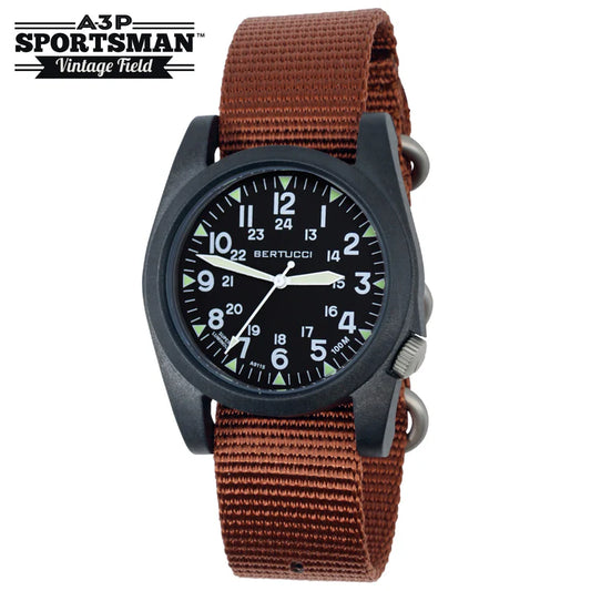 Bertucci A-3P Sportsman field watch 42mm black dial black case rust nylon band