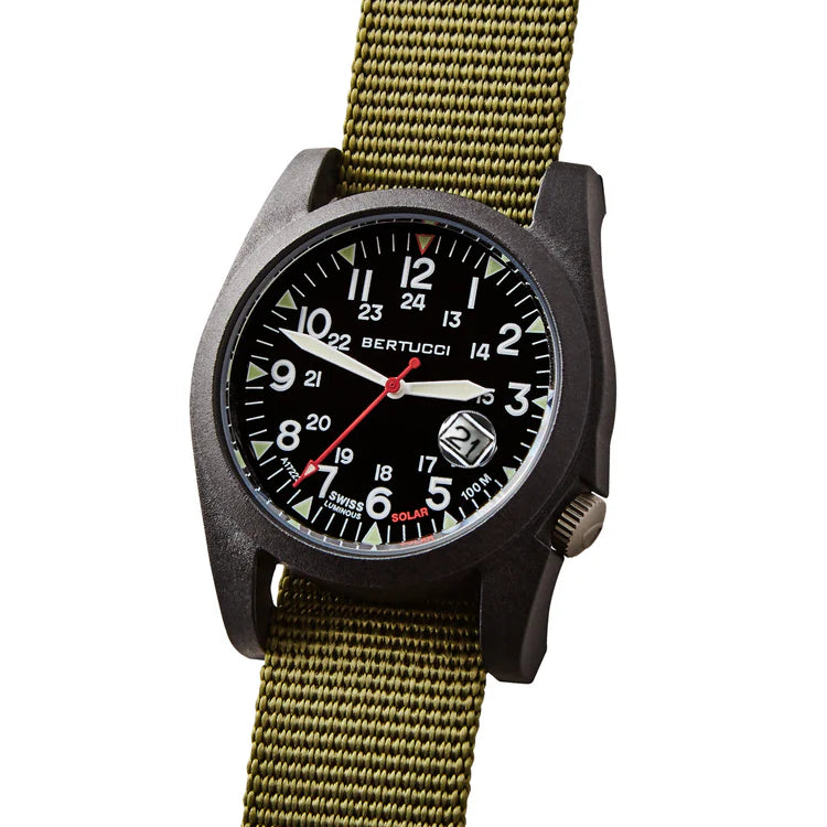 BERTUCCI A-3PS Solar Field Watch with Optic White dial, matte black 42 mm Unibody case, and nylon webbing band – solar powered 100M field watch

