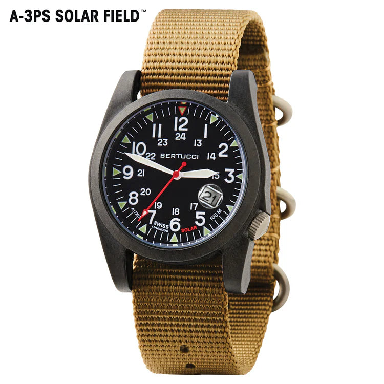BERTUCCI A-3PS Solar Field Watch with black dial, matte black 42 mm Unibody case, and 365 Khaki nylon band – solar powered 100M field watch

