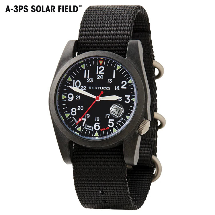 BERTUCCI A-3PS Solar Field Watch with black dial, matte black 42 mm Unibody case, and #95 black B-TYPE nylon band – all-black solar powered field watch

