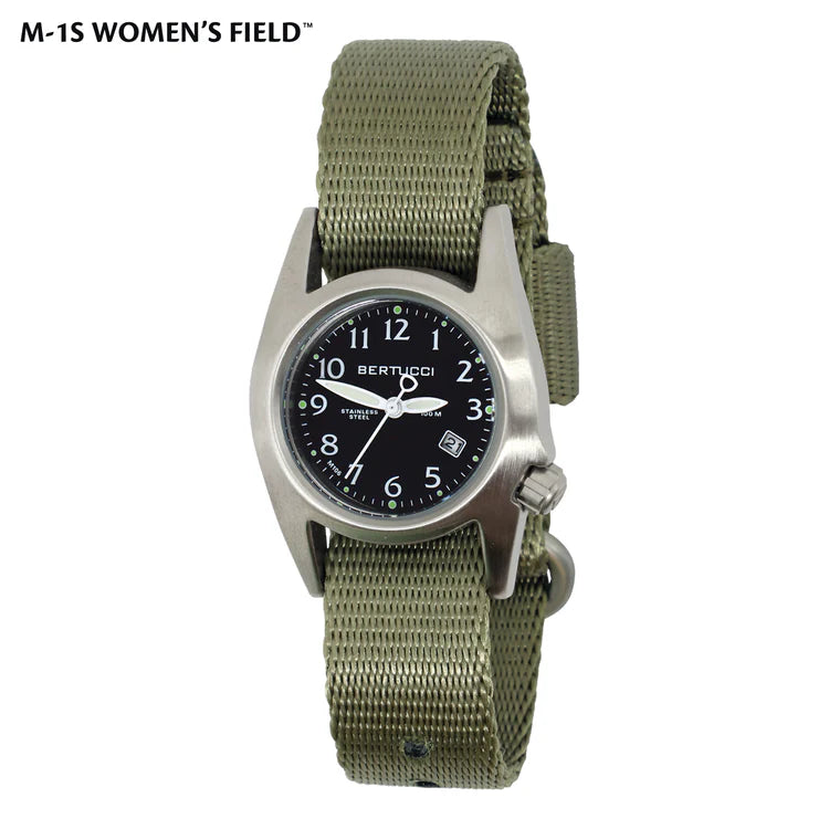 Bertucci M-1S women's field watch 30mm black dial stainless steel case field drab comfort webb band