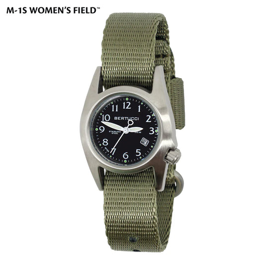 Bertucci M-1S women's field watch 30mm black dial stainless steel case field drab comfort webb band